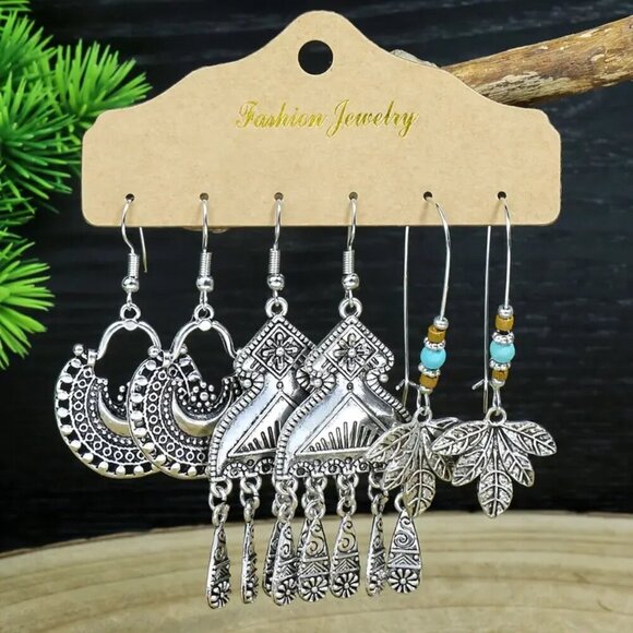 NEW Set of 3 Boho Western Silver Dangle Earrings – Trendy Earrings, Turquoise - Picture 1 of 1